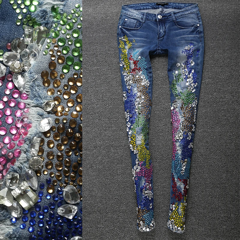 Бренд, роскошные разноцветные стразы, бриллиантовые женские модные джинсы, обтягивающие, тонкие, женские, стрейч, карандаш, винтажные длинные штаны