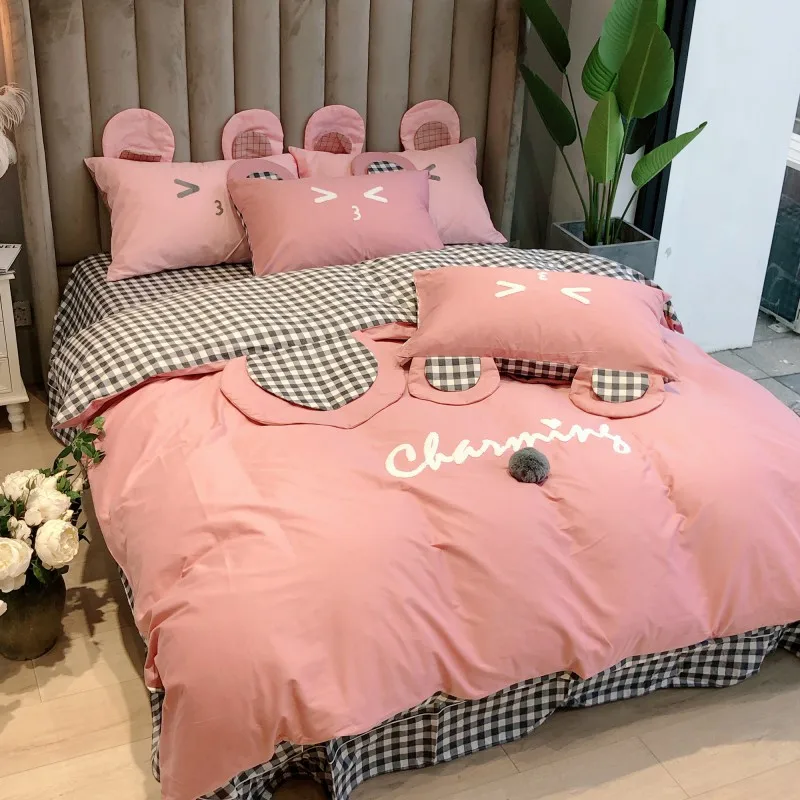 

New Cute Cartoon Rabbit Ears Embroidery Cotton Girl Child Bedding Set Pink White Duvet Cover Lattice Bed Sheet/Linen Pillowcases