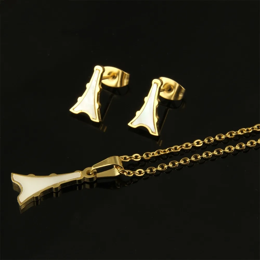 

Tower Shape Stud Earrings+Necklace Golden Color Stainless Steel White Shell MOLINUO