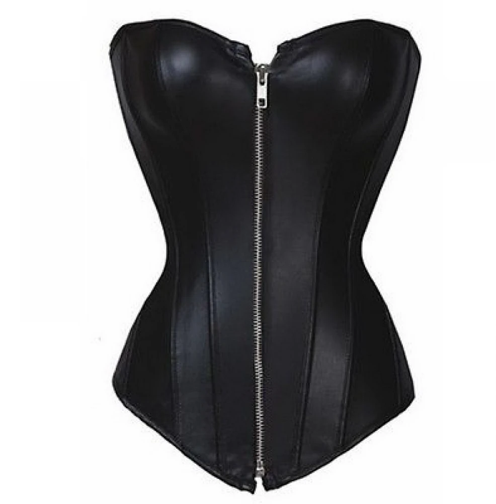 Leather Sexy Corset Bustier Overbust Zipper Goth Boned Top |