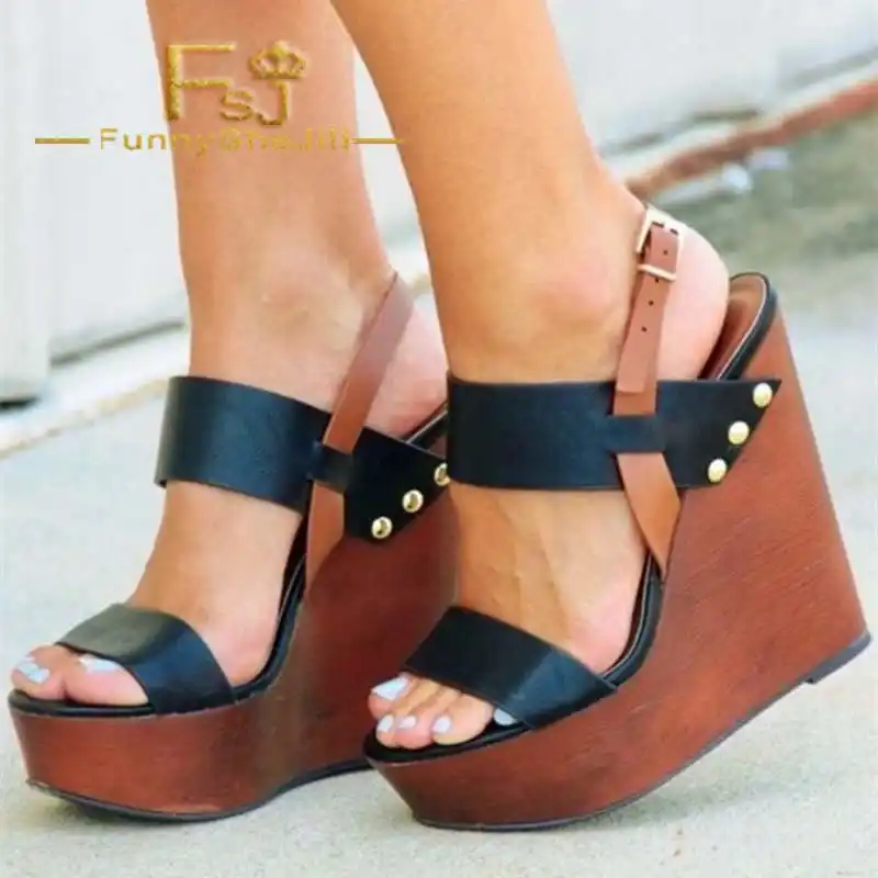 FSJ Brown Super High Wedges Block Heels 