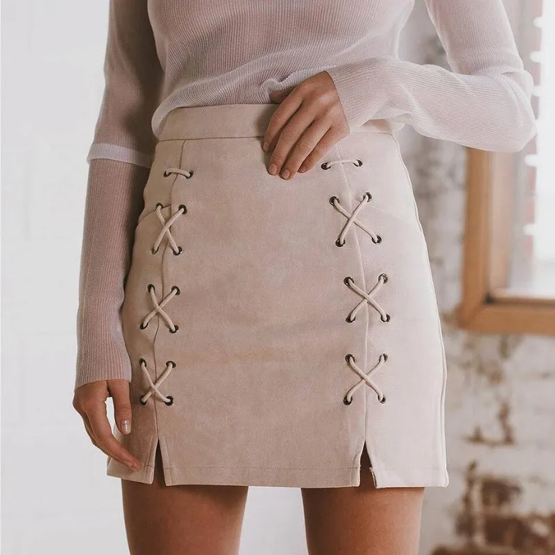 Осенняя кожаная замшевая юбка-карандаш на шнуровке, Зимняя юбка с завышенной талией, короткая женская юбка на молнии с разрезом - Цвет: gray