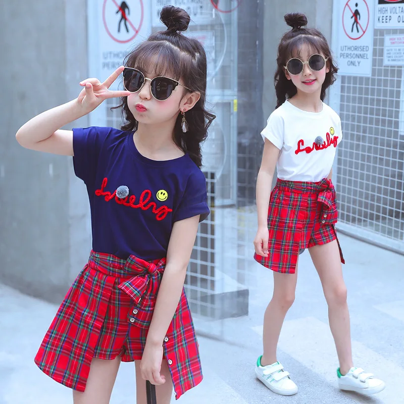 Летний комплект одежды для девочек, детская одежда, летние изысканные наряды для девочек, футболка+ клетчатая рубашка, 2-15 лет
