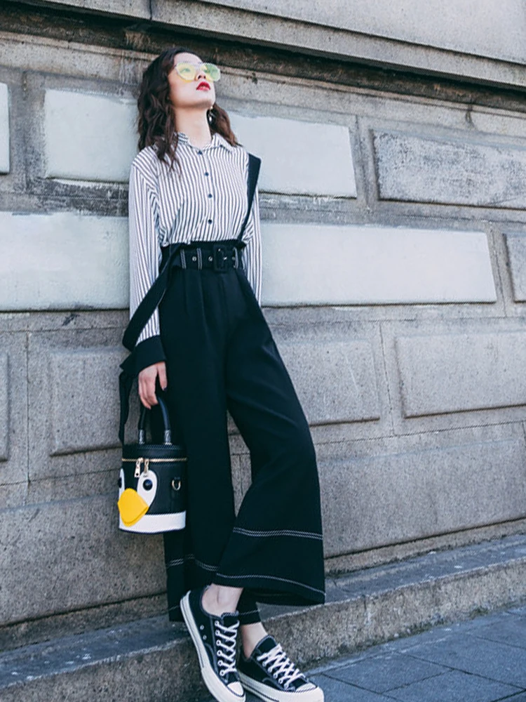 

LANMREM Summer 2019 Fashion New Solid Color Pattern Black Patchwork Bright Line High Waist Straight Pants Overalls Women AG068