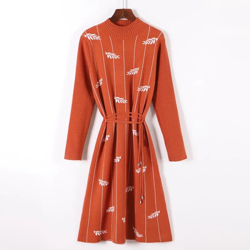 GIGOGOU вышивка с длинным рукавом женское платье-свитер зимнее толстое теплое ТРАПЕЦИЕВИДНОЕ ПЛАТЬЕ до середины икры винтажное платье с принтом на шнурке
