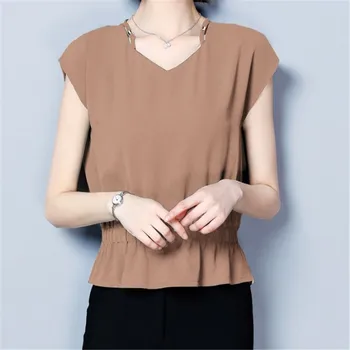 

M XXXL Summer tops for Women short style sleeveless sleeve solid color T ladies office business chic blusas white mujer red