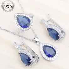 Набор ювелирных изделий для женщин из голубого циркония и серебра 925, ожерелье с подвеской, кольца, клипсы, серьги, набор ювелирных изделий на День святого Валентина, подарочная коробка