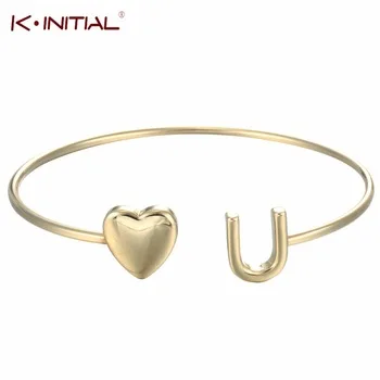 Kinitial 1Pcs Gold Silver Plated Sweet Heart You Bangle Hearts Bracelets for Girl Love Lucky Party Charm Cuff Bracelet Jewelry