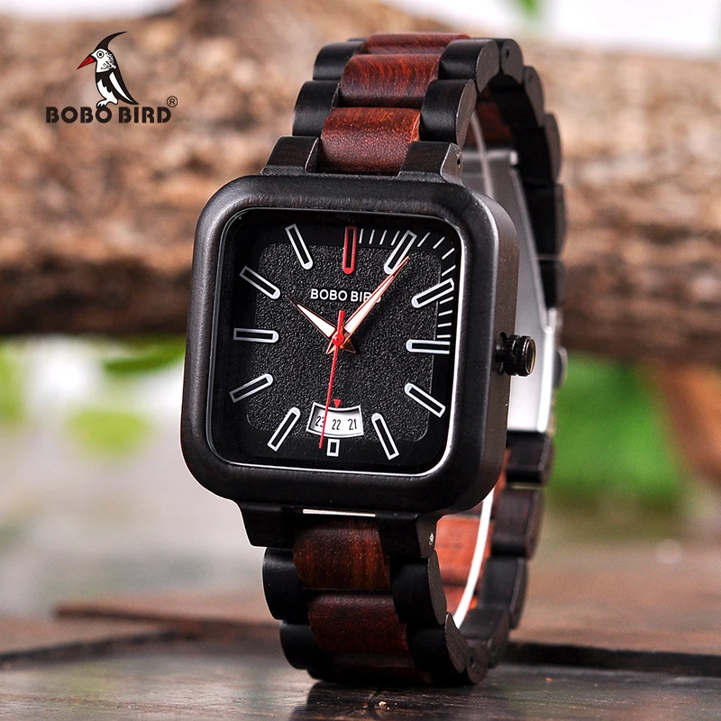 BOBO BIRD Men Watches Wooden Saat erkek Wristwatches Male Japanese movement Square Show Date Gift Cuostom logo in Wood Gift Box