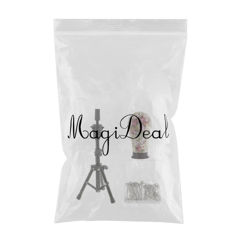 21'' Mannequin Model Cork Canvas Block Head with 150pcs T Needle Pins Wigs Making Set with Tripod Stand