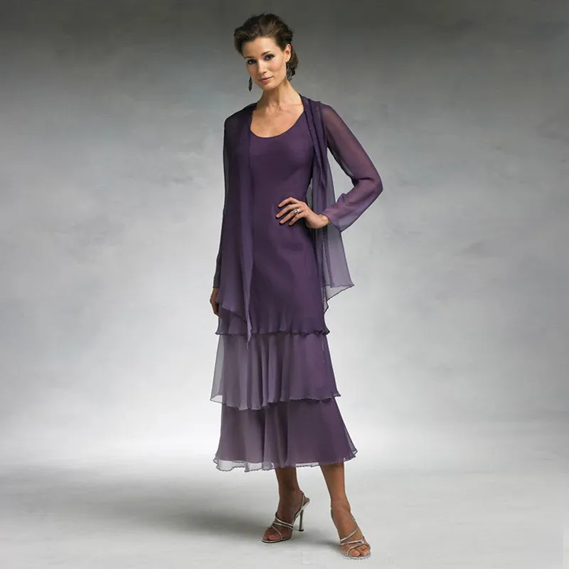 Modest Dark Purple Chiffon Mother Of The Bride Dresses With Long Jacket