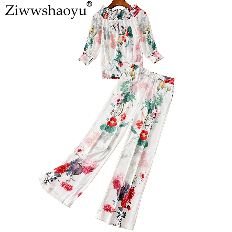 

Ziwwshaoyu Vacation Print Sets Slash neck Puff Sleeve Short Top + High waist Wide leg pants Two-piece set New women's
