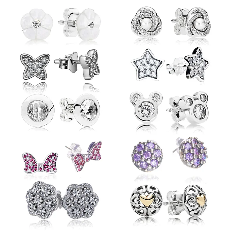 

2019 New Trendy 925 Sterling Silver Pandora Mickey Butterfly Sparkling Flower Earrings Studs for Women DIY Jewelry Birthday Gift