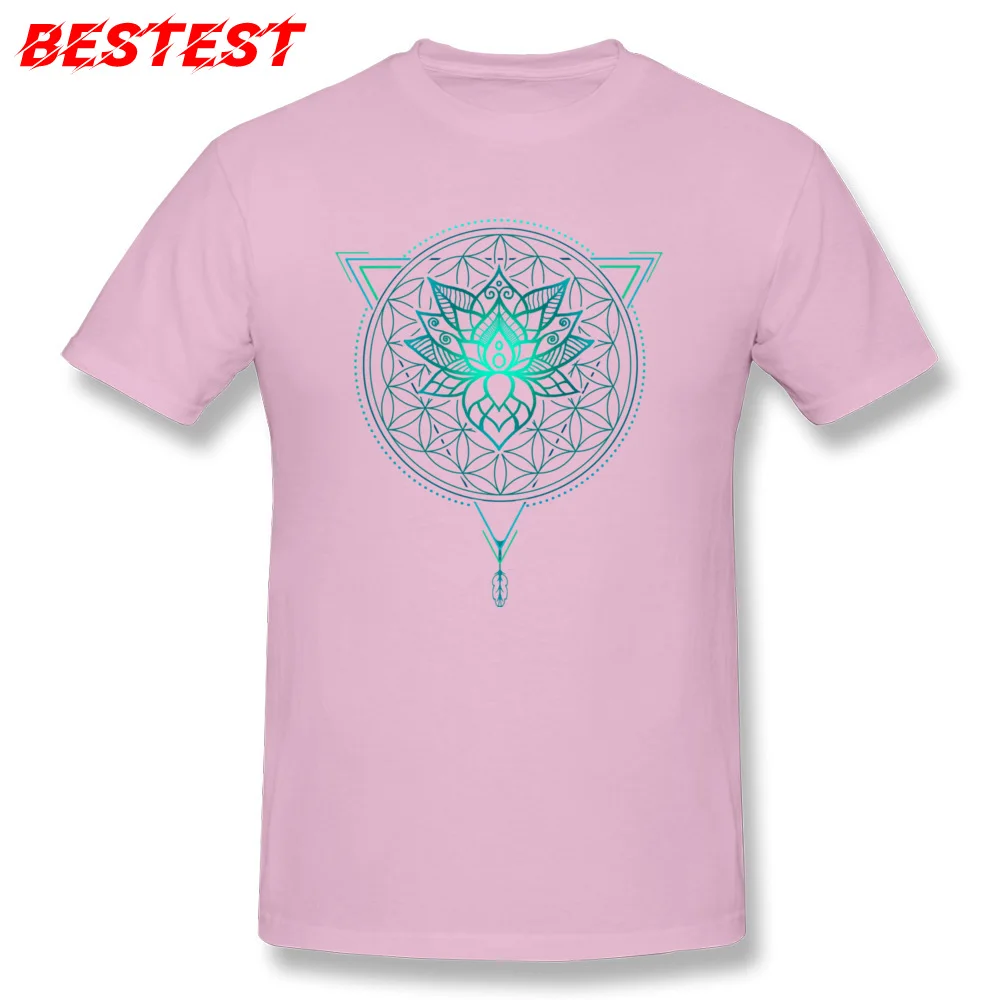 Pure Cotton Men Short Sleeve Crazy Top T-shirts Design T Shirt Funky comfortable Round Collar T-shirts Drop Shipping Lotus Flower of Life Mandala in Geometric Triangle pink