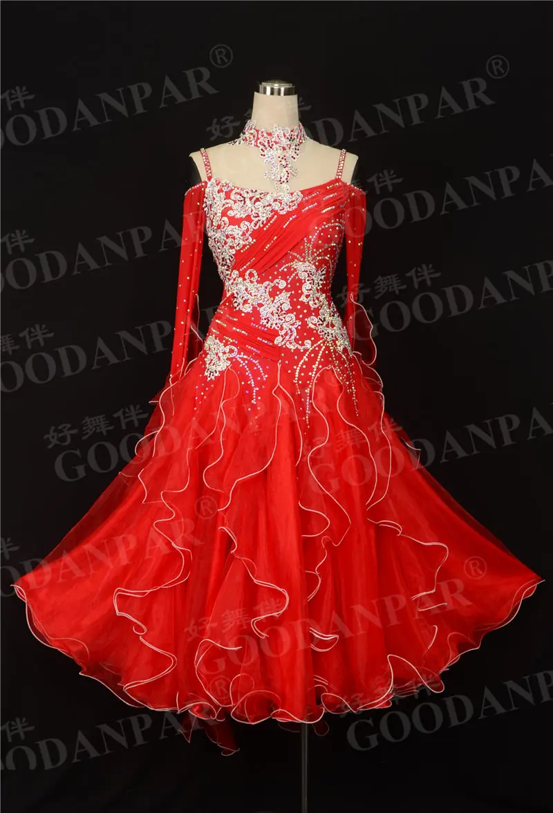 

GOODANPAR Lace trimming lycra organza Women Ballroom Dance Competition Dress with bodysuit bra cup ribbon Waltz Stage Dance Wear