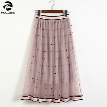 

FOLOBE New fashion wave splicing skirts 2020 summer skirts elastic waist bump color flocking diandian gauze skirt