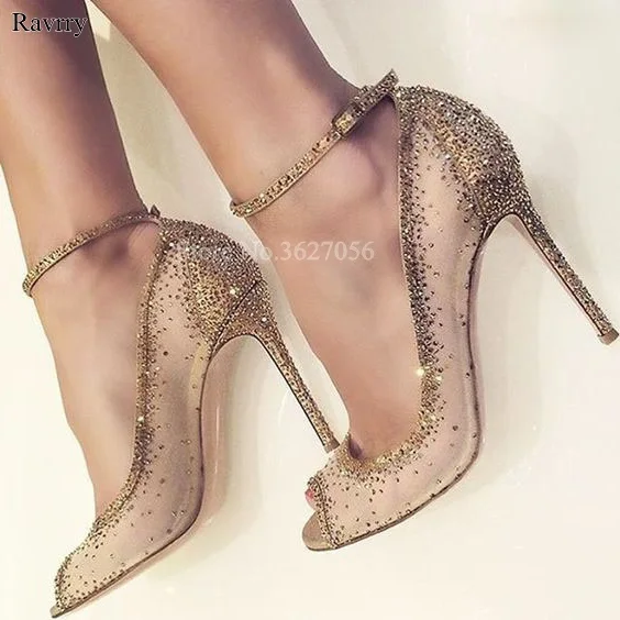 Spring New Fashion Women Open Toe Gold Bling Bling Diamond Pumps Gold Crystal Ankle Strap High Heels Rhinestone Wedding Shoes