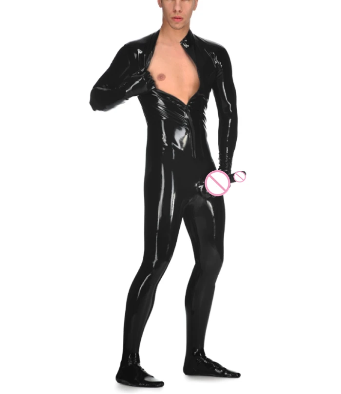 

Rubber Latex Catsuits With Cortch Sheath Latex Gloves Front Zip Latex Rubber Condom Bodysuit Black Color