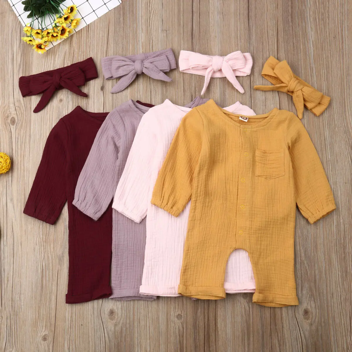 

Newborn Baby Girls Boys Causal Romper Long Sleeve Solid Romper Jumpsuit Headband 2pcs Autumn Clothes Tops Sets 3-24M