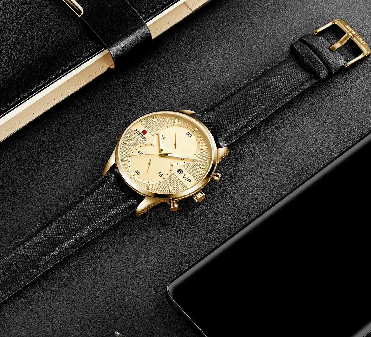

REWARD 2019 New Fashion Watch Men Casual Dress Quartz Mens Watches Top Brand Luxury Sub-dial Leather Strap Calendar Wristwatch