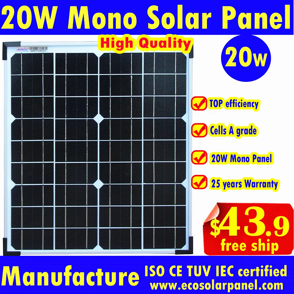 

20W Solar Panel or 20 watt solar module to charge 12V battery by Germany mono solar cells for light, solar power system-freeship