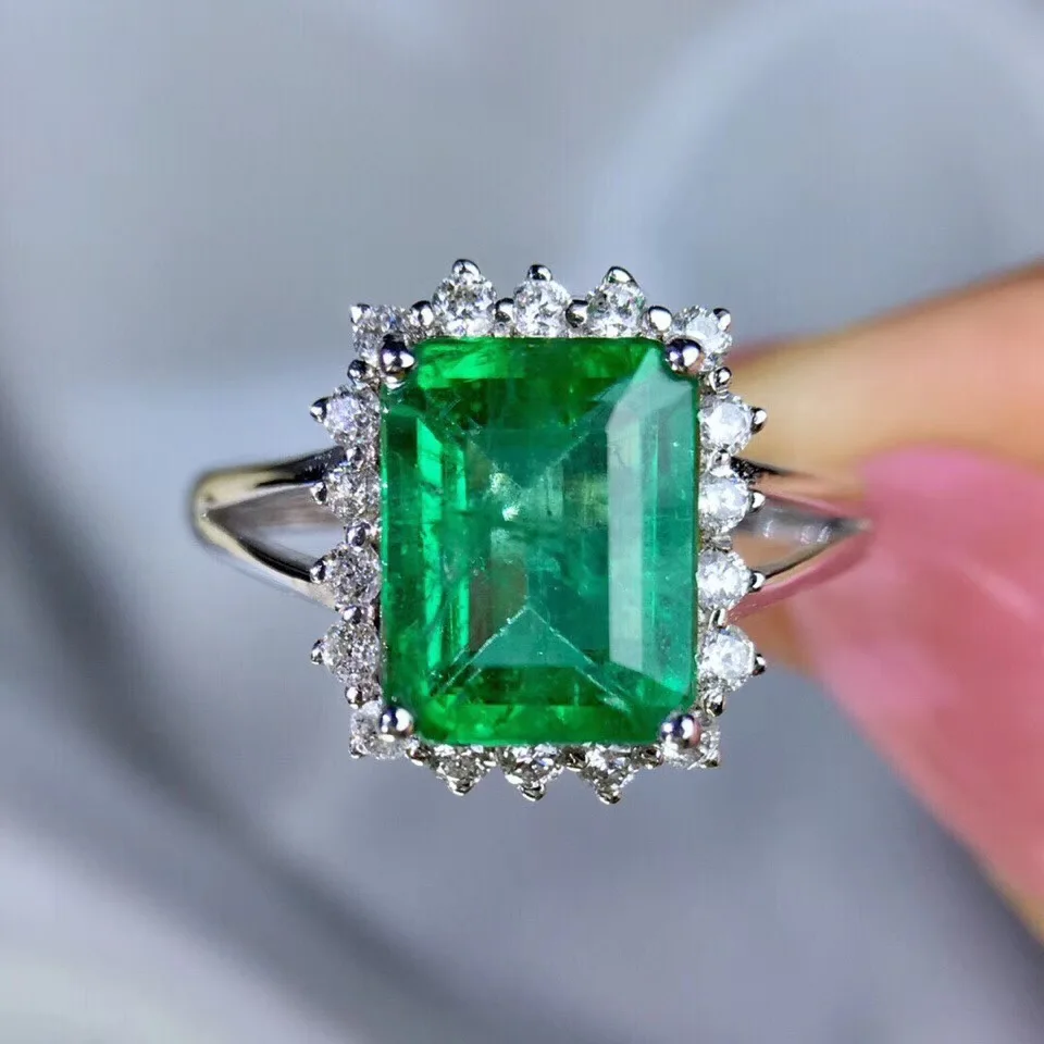 Perfect AAA Columbia Lab Created Emerald Engagement Ring Set with Moissanite Solid 14k White