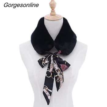 

2018 New Fashion And Nice Lady Faux Rex Rabbit Fur With Silk Scarf Winter Round Neck For Fall Winter As Collar To Elegant Women