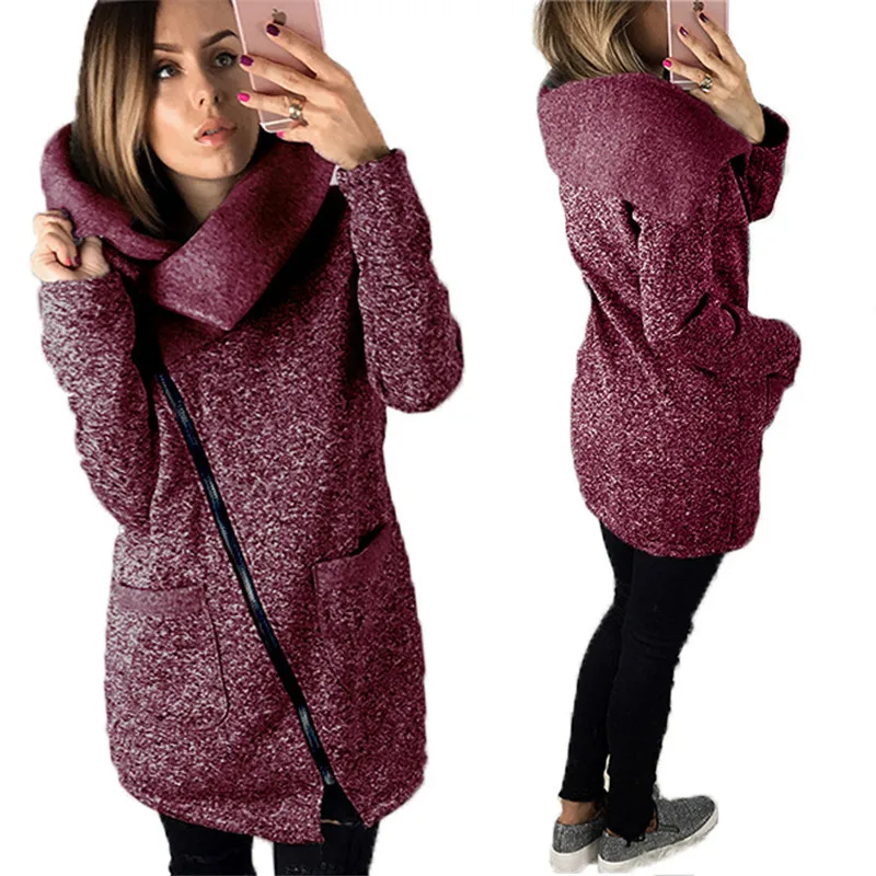 Осенне-зимняя женская куртка, одноцветное пальто с длинным рукавом, диагональная молния, отложной воротник, Женская Повседневная Верхняя одежда размера плюс S-5XL