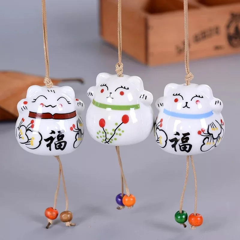 Japanese small ceramics fu cat wind chimes pendant home creative cute