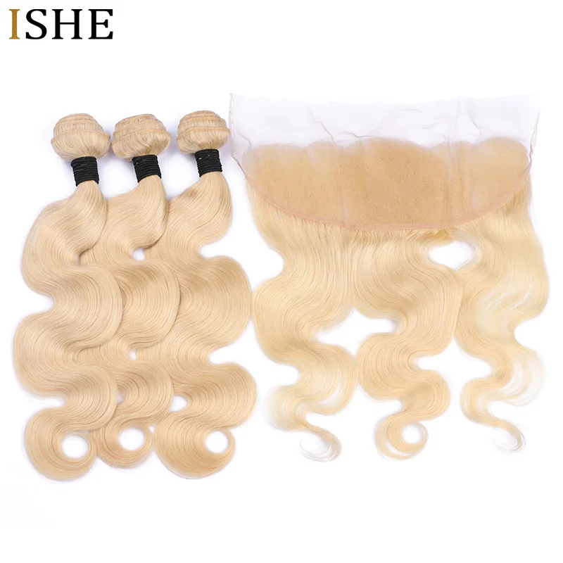 ISHE 613 Blonde Bundles With Frontal Brazilian Body Wave With Frontal Remy Blonde Human Hair Lace Frontal Closure With Bundle