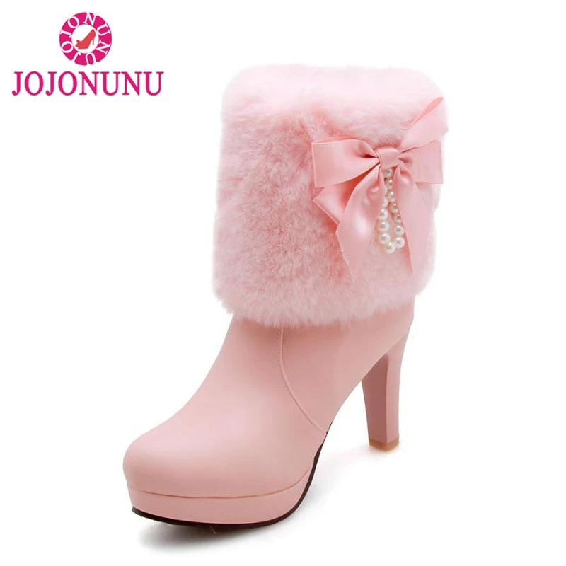 

JOJONUNU Women High Heels Boots Zipper Bowknot Beads Winter Shoes Women'S Fashion Platform Warm Fur Sweet Boots Size 34-43
