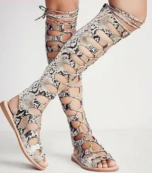 

Fashion Gray Suede Leather Women Lace Up Boots Sexy Open Toe Ladies Gladiator Boots Zipper Back Female Summer Knee High Boots