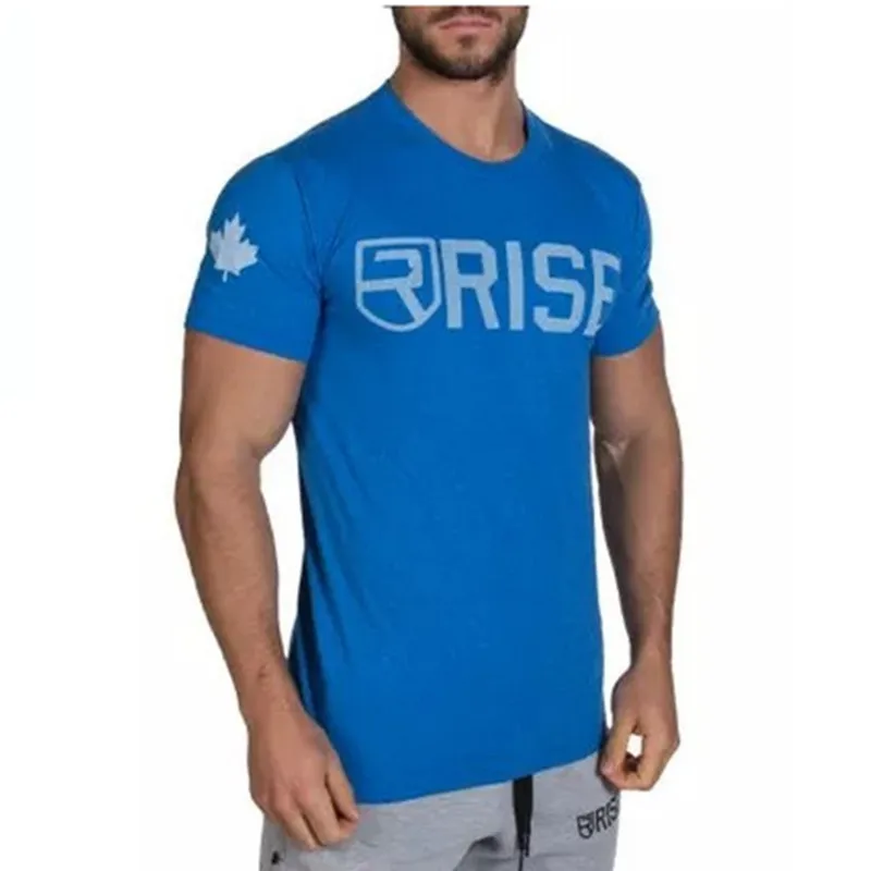 Брендовая одежда для тренажерного зала, облегающая эластичная хлопковая футболка, Мужская футболка для фитнеса, Мужская футболка, мужская летняя футболка для фитнеса - Цвет: Синий
