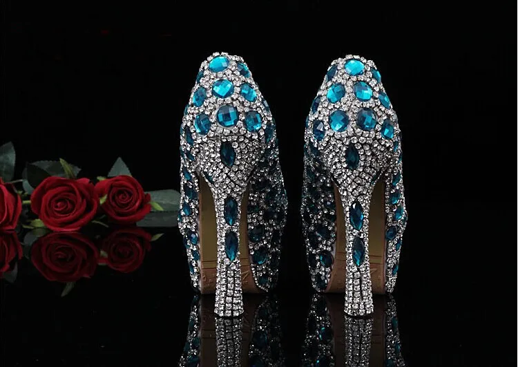 Великолепные уникальные сверкающие синий кристалл бриллиантовой огранки свадебные туфли ручной работы со стразами вечерние туфли для выпускного вечера туфли подружки невесты