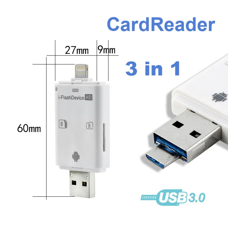 3 в 1 кардридер для iPhone/ipad/MAC/PC/Android устройства, Lightning/USB/Micro USB Trail Game camera Viewer для TF/SD карты