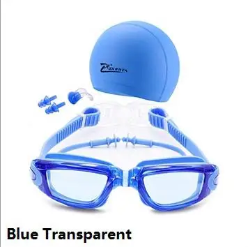 Набор для плавания, очки, кепки, зажим для носа и затычки для ушей, 2 вида, для взрослых, мужчин, женщин, очки для плавания, очки, защита от запотевания - Цвет: Blue Transparent