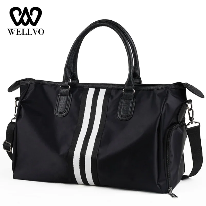 

Unisex Nylon Travel Bag Women Duffle Handbag Hand Luggage Shoulder Bags Couple Stripe Crossbody Tote Short Trip Packing XA716WB