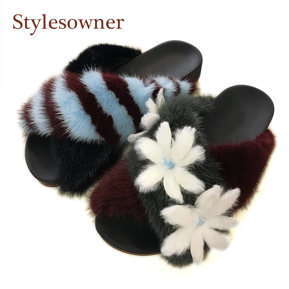 

Stylesowner 2018 autumn fashion women rabbit fur appliqued slipper flower decor mixed color cross strap fur outdoor luxury shoes