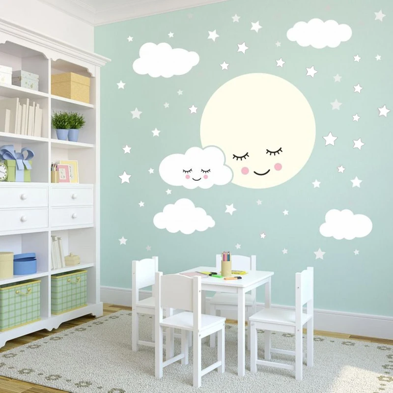Виниловая наклейка на стену Full Moon With Cloud Stars для детской комнаты съемная Наклейка