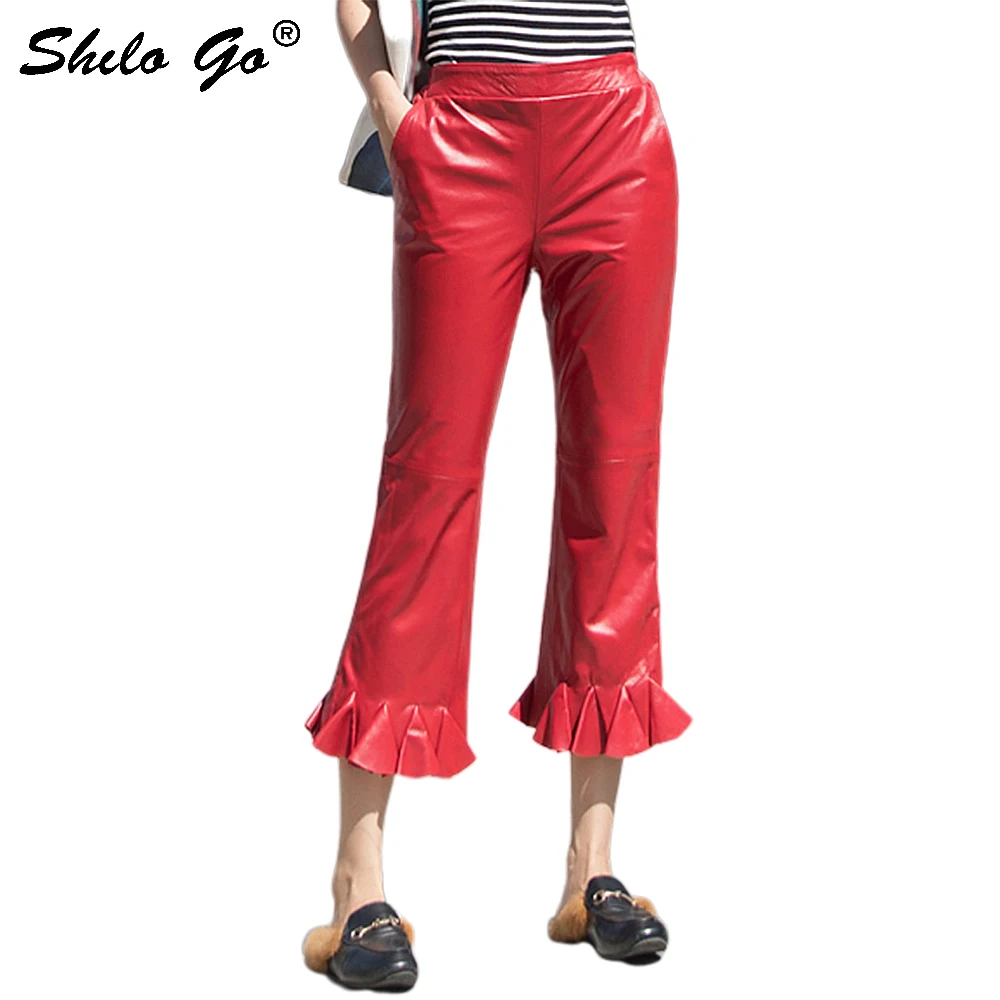 Streetwear Lederen Broek Vrouwen Casual Ruches Elastische Hoge Taille Schapenvacht Lederen Flare Broek Beknopte Vrouwelijke Capri Streetwear Lederen Broek Vrouwen Casual Ruches Elastische Hoge Taille Schapenvacht Lederen Flare Broek Beknopte Vrouwelijke Capri