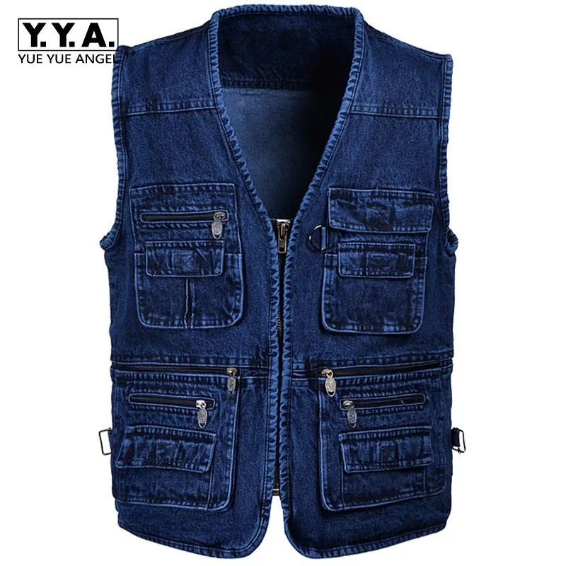 

Spring Man 5XL Denim Vest Male Plus Size Vest Jeans Men Multi Pocket Photography Vest Mens Denim Vest Sleeveless Jacket Colete