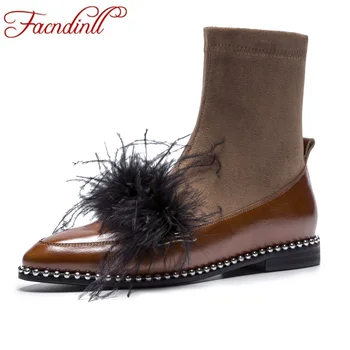 

FACNDINLL shoes new 2018 fashion autumn winter women ankle boots high quality genuine leather and stretch fabric riding boots
