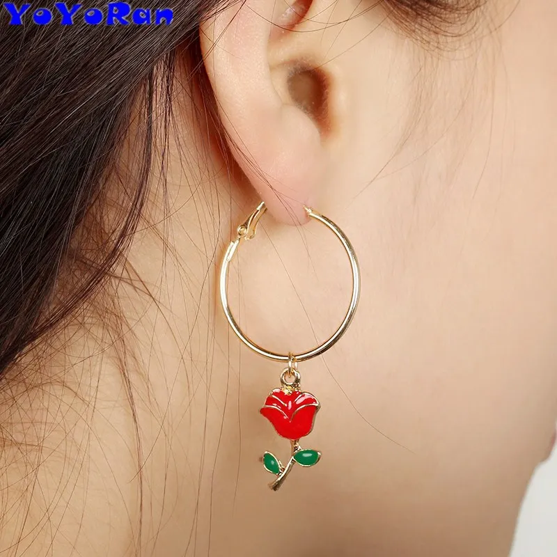 

1 Pair oil drop rose flower hoop earrings for woman 2.8 cm diameter circle round hook earring wedding bride earring jewerly