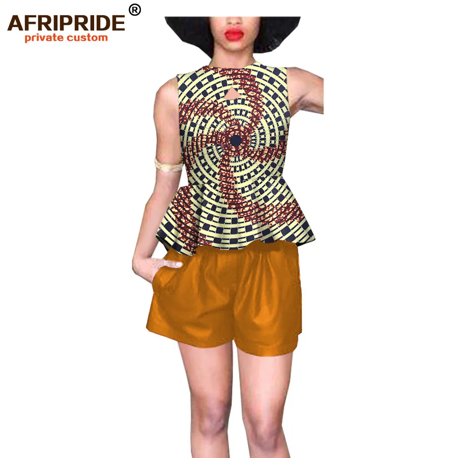 

2018 african style summer 2 pieces shorts set for women AFRIPRIDE sleeveless ruffles top+faux leather shorts women set A1826025