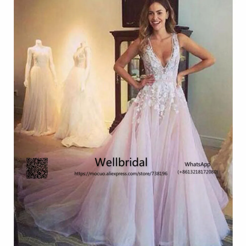 A-line V-neck Light Pink Flower Appliqued Tulle Wedding Dress,N10 2