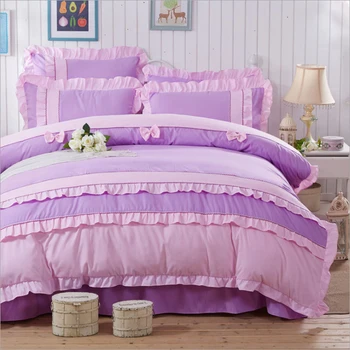 

100%Cotton Korean Princess Style Fold Lace Bow Knot Design Duvet Cover Bed Sheet Set Color Stitching Design Girl Bedding Set