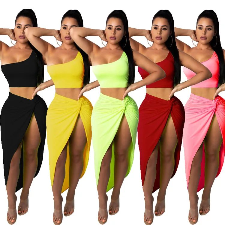 

Women irregular skew collar crop top long skirt 2 piece set for women female two pieces sets skirts women's suits plus size