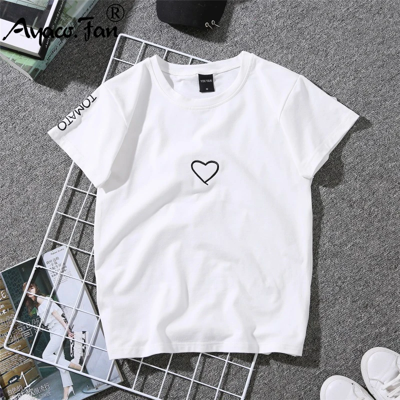 2019 Summer Couples Lovers T-Shirt for Lady Student Casual White Tops Women T Shirt Love Heart Embroidery Print Tshirt Female