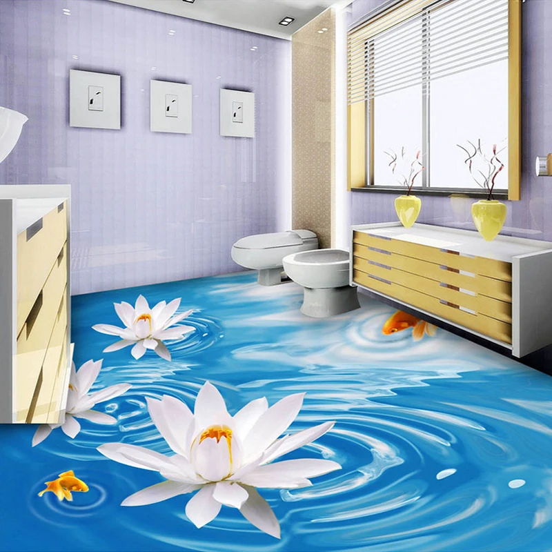 Us 1424 38 Di Scontofoto Personalizzata Pavimento Carta Da Parati Blu Lago Superficie Bianca Di Loto Bagno 3d Pavimento In Pvc Di Auto Adesivo