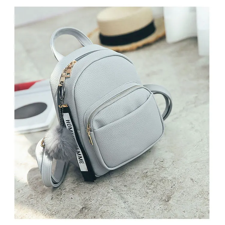 

Wobag Mini Women Backpacks Soft PU Leather Student Fuzzy Ball Pendant Shoulder School Bags Female Small Travel Rucksack Gray